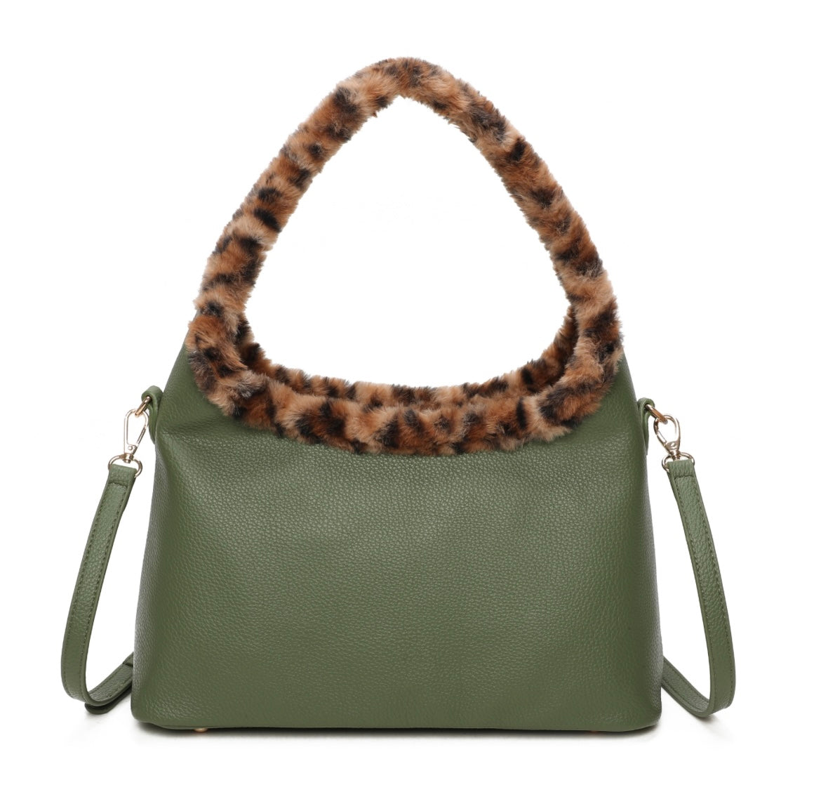Shoulder/Grab Bag with Leopard Trim in Green
