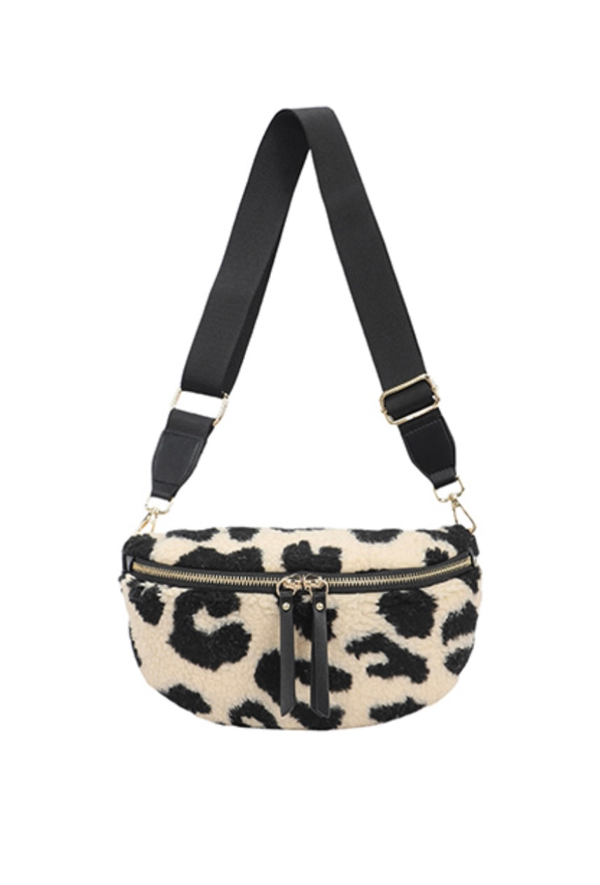 Fleece Sling Bag in Black and White Leopard
