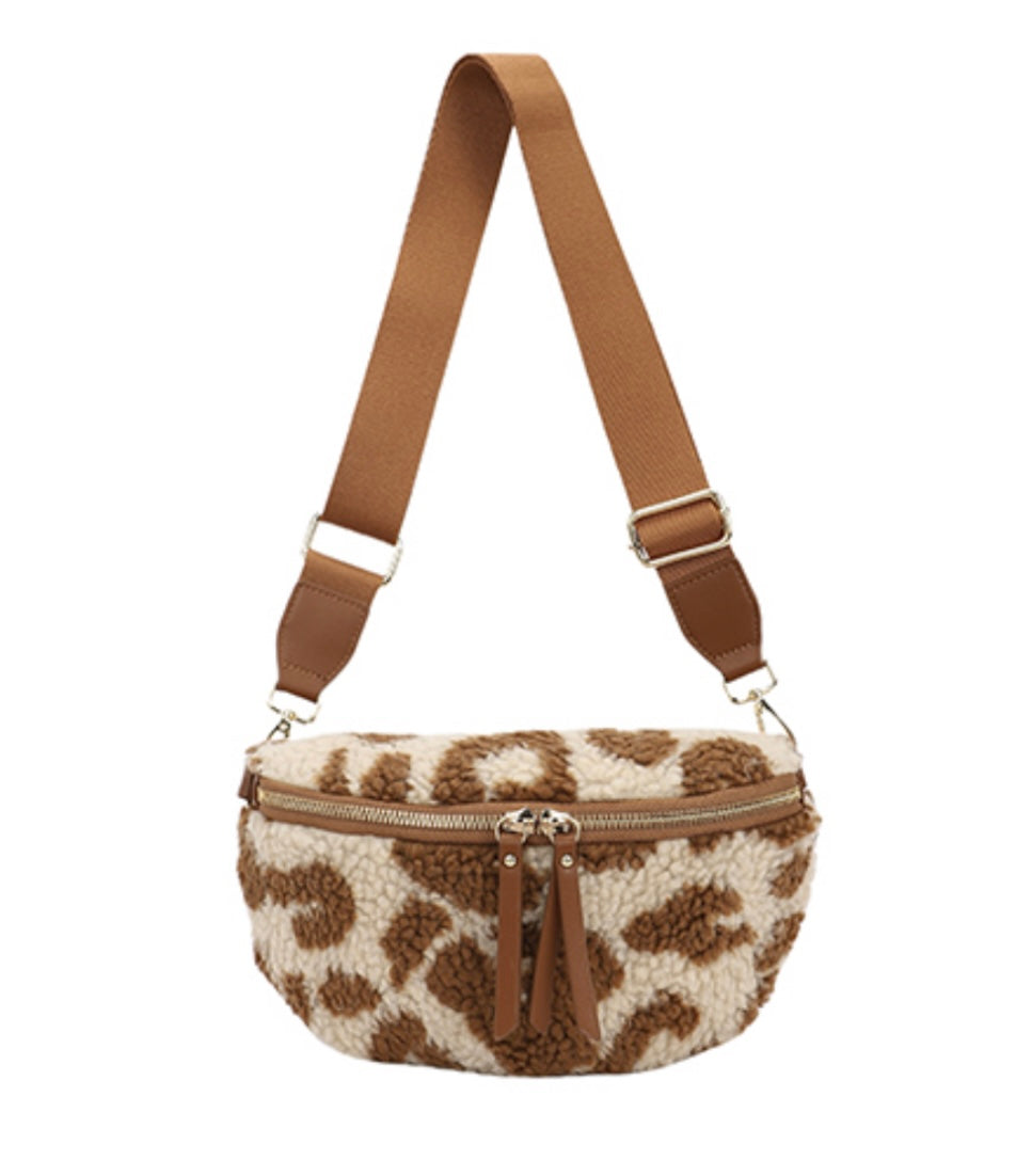 Fleece Sling Bag in Brown and Beige Leopard