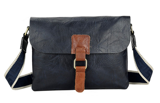 Cross Body Bag with Buckle in Dark Navy Blue and Tan