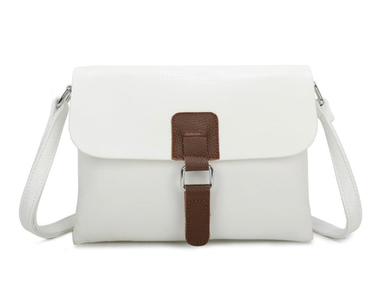 Cross Body Bag with Buckle in White and Tan