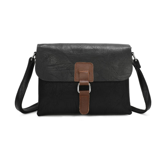 Cross Body Bag with Buckle in Black and Tan