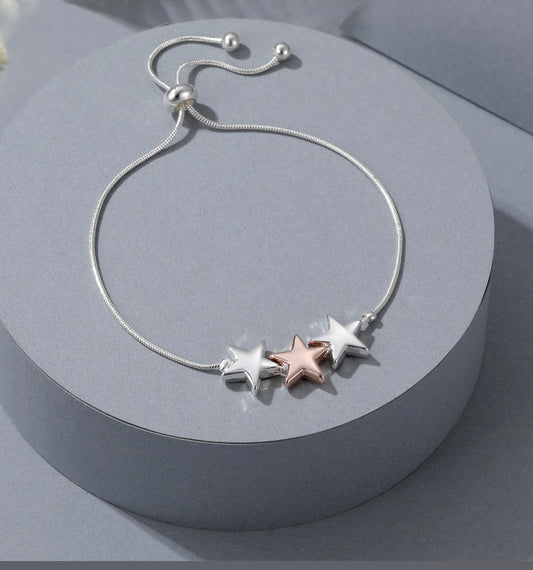 Drawstring 3 Star Bracelet in Silver and Rose Gold