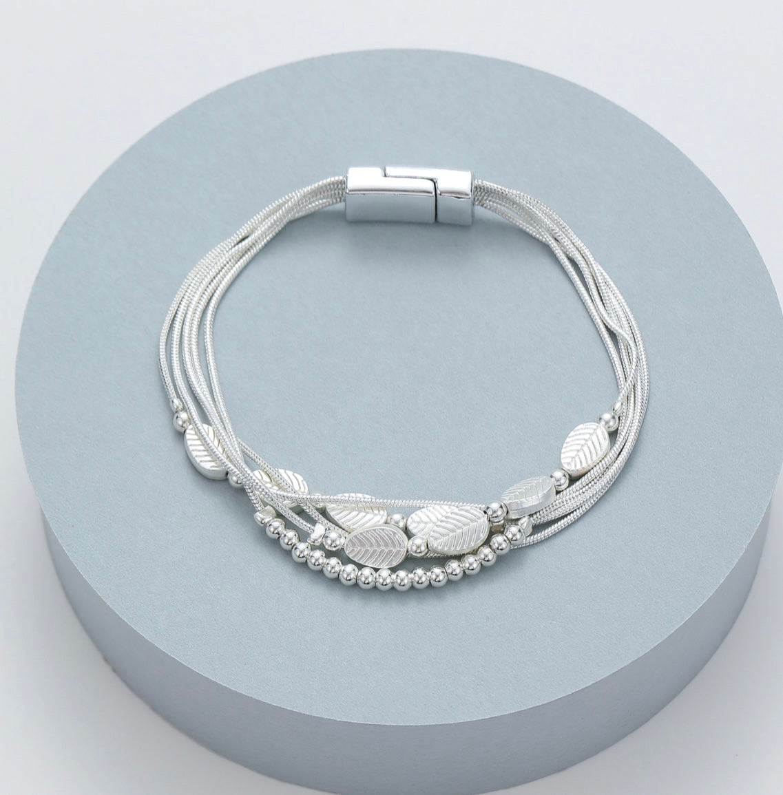Silver Beads and Leaves Multibracelet