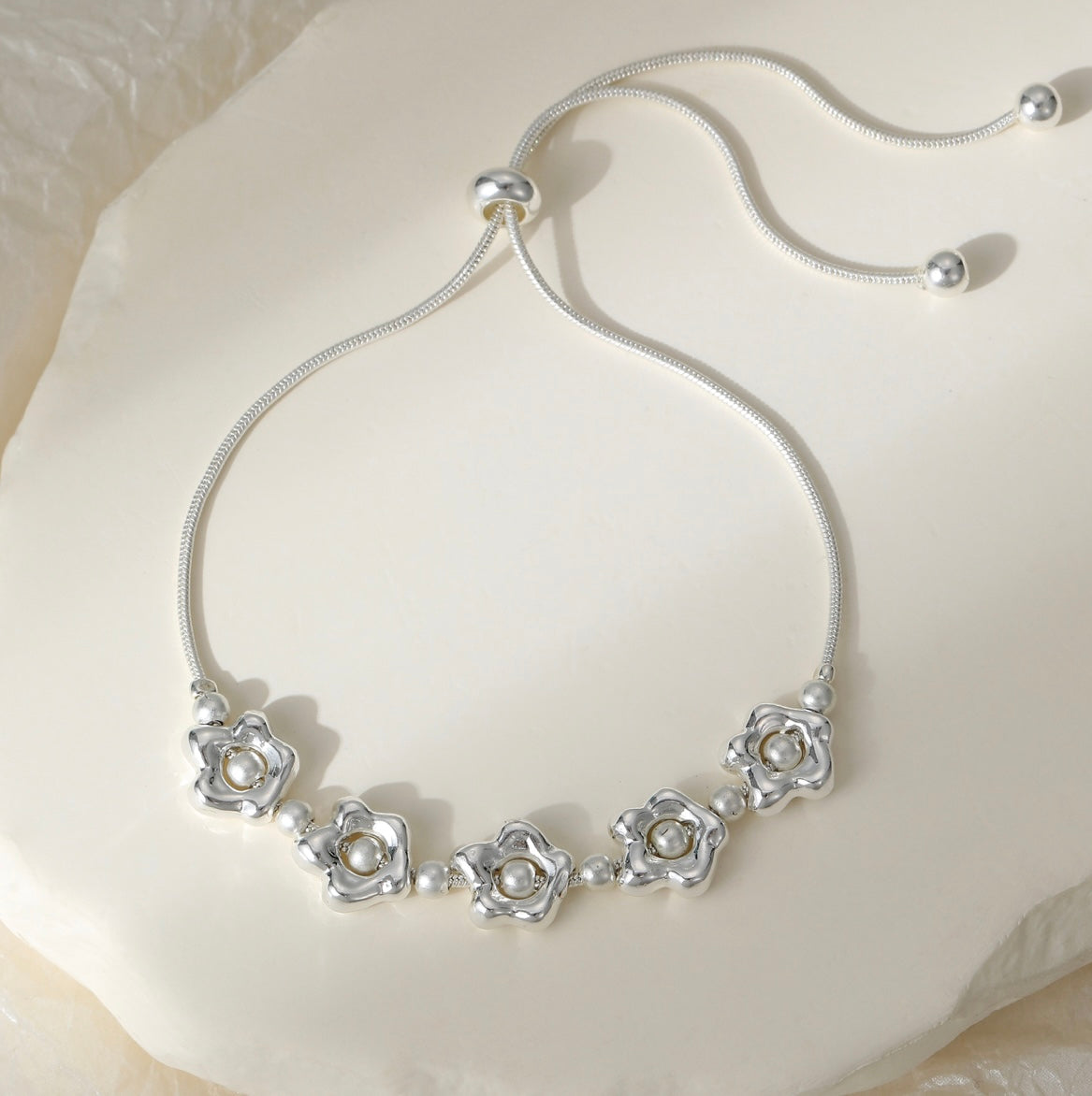 Silver Flowers Drawstring Bracelet