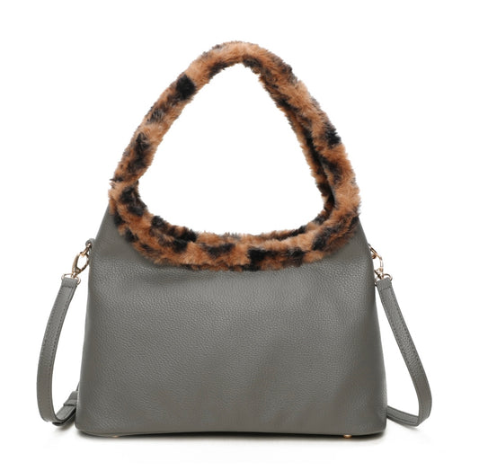 Shoulder/Grab Bag with Leopard Trim in Grey