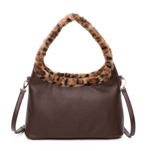 Shoulder/Grab Bag with Leopard Trim in Chocolate