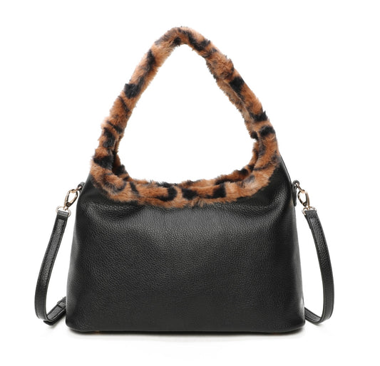 Shoulder/Grab Bag with Leopard Trim in Black