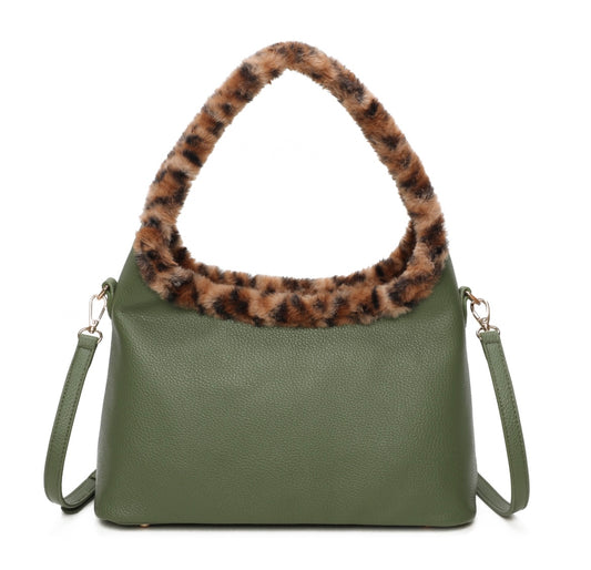 Shoulder/Grab Bag with Leopard Trim in Green