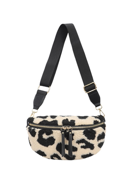 Fleece Sling Bag in Black and White Leopard