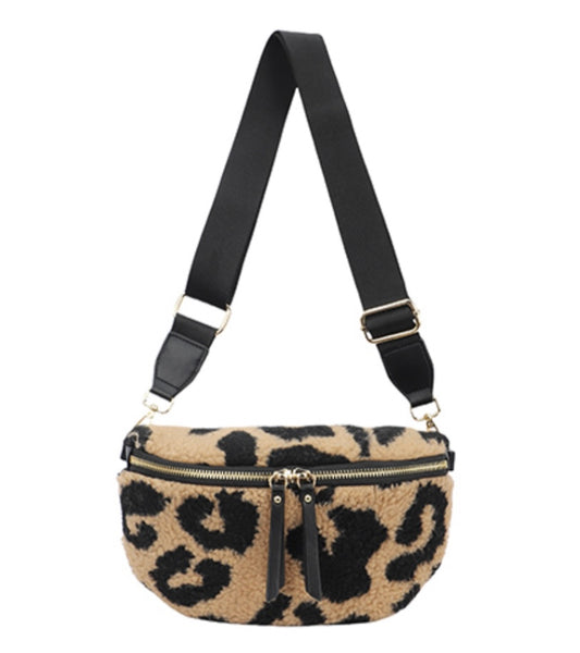 Fleece Sling Bag in Black and Khaki Leopard