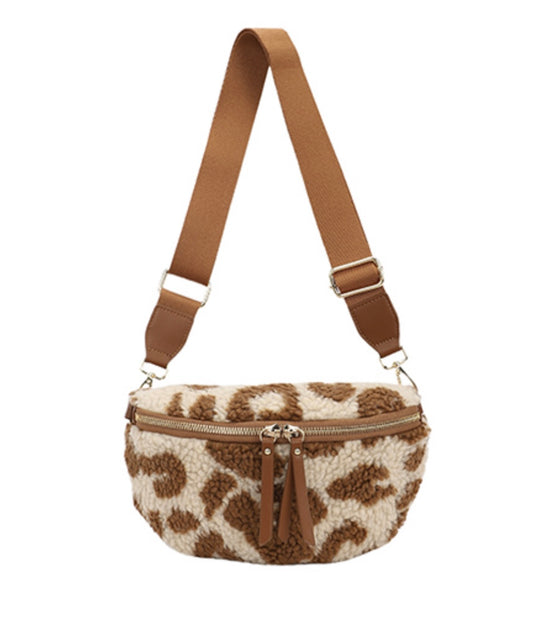 Fleece Sling Bag in Brown and Beige Leopard