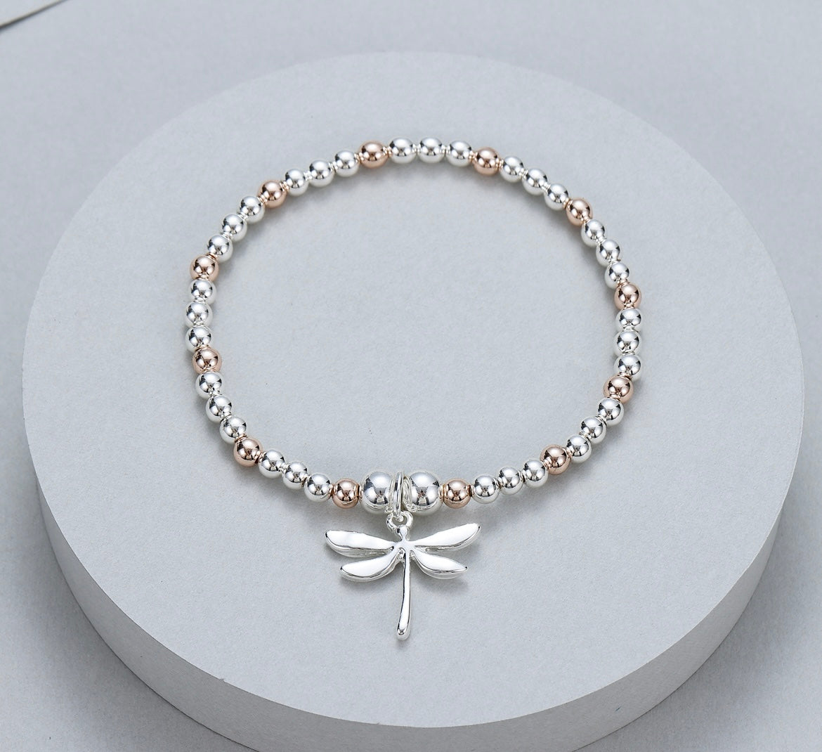 Stretchy Dragonfly Bracelet in Silver and Rose Gold