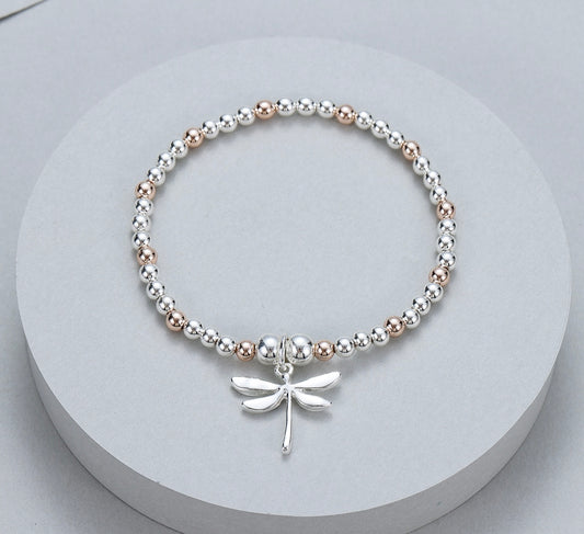 Stretchy Dragonfly Bracelet in Silver and Rose Gold